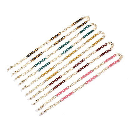 Chaînes de lunettes, tour de cou pour lunettes, avec chaînes en acétate de cellulose (résine) et trombones en fer, 304 fermoirs à pince de homard en acier inoxydable et extrémités en caoutchouc, or et de lumière
