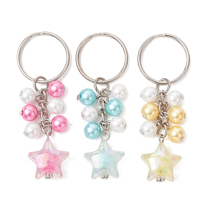 3 piezas 3 llaveros colgantes de cristal con forma de estrella de colores, para monedero, adorno de mochila, con llaveros divididos y componentes de aleación y hierro., Platino
