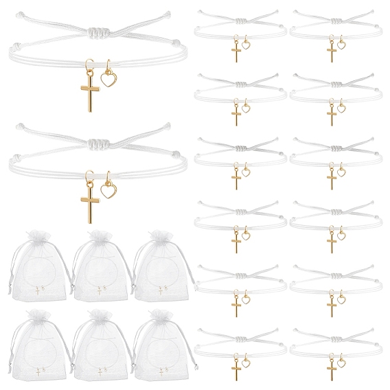 60шт. браслеты с подвесками из сплава и эмали, плетеные браслеты из нейлонового шнура для женщин, крест и сердце, с сумками из органзы