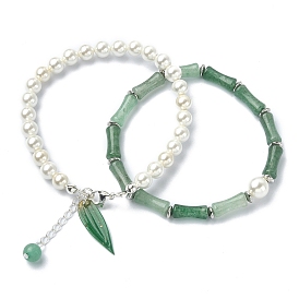 2Pcs 2 Style Natural Green Aventurine Bamboo & Shell Pearl Beaded Stretch Bracelets Set, Acrylic Leaf Charm Stackable Bracelets