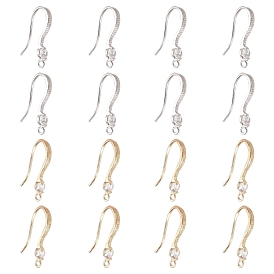 Brass Cubic Zirconia Earring Hooks, Ear Wire, with Horizontal Loop, Clear