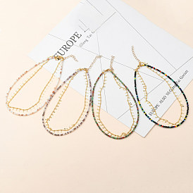 Double Layer Necklaces, with  Faceted Glass Beads, 304 Stainless Steel Lobster Claw Clasps, Brass Curb Chains & Charms, Golden