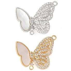 Brass Micro Pave Clear Cubic Zirconia with Natural Shell Fold Over Clasps, Butterfly