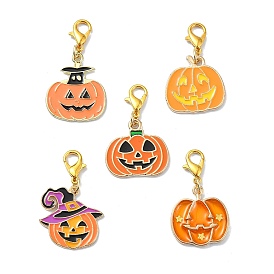 5Pcs 5 Styles Halloween Pumpkin Alloy Enamel Pendant Decorations, Lobster Clasp Charms for Bag Ornaments