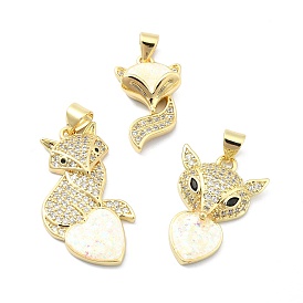 Brass Micro Pave Clear Cubic Zirconia Pendants, with Sythetic Opal, Fox