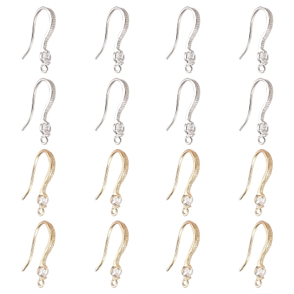 Brass Cubic Zirconia Earring Hooks, Ear Wire, with Horizontal Loop, Clear