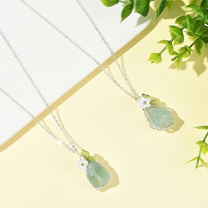Raw Natural Green Fluorite Nuggets with Flower Wire Wrapped Pendant 304 Stainless Steel Cable Chain Necklaces
