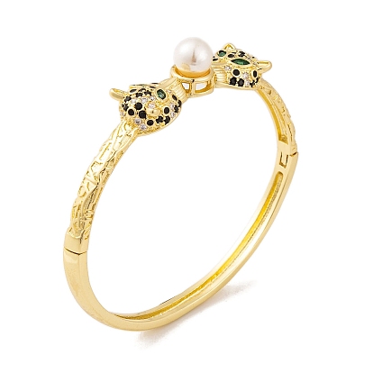 Leopard Brass Pave Green Cubic Zirconia Hinged Bangles for Women, with Enamel & ABS Pearl