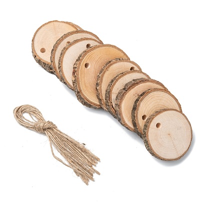 Flat Round Wood Big Pendant Decorations, with Hemp Rope
