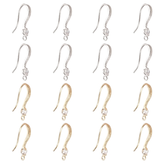 Brass Cubic Zirconia Earring Hooks, Ear Wire, with Horizontal Loop, Clear