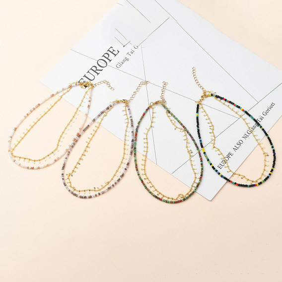 Double Layer Necklaces, with  Faceted Glass Beads, 304 Stainless Steel Lobster Claw Clasps, Brass Curb Chains & Charms, Golden