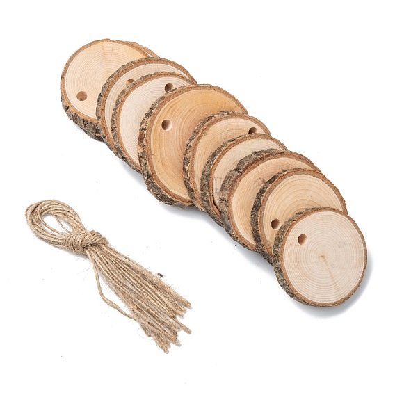 Flat Round Wood Big Pendant Decorations, with Hemp Rope