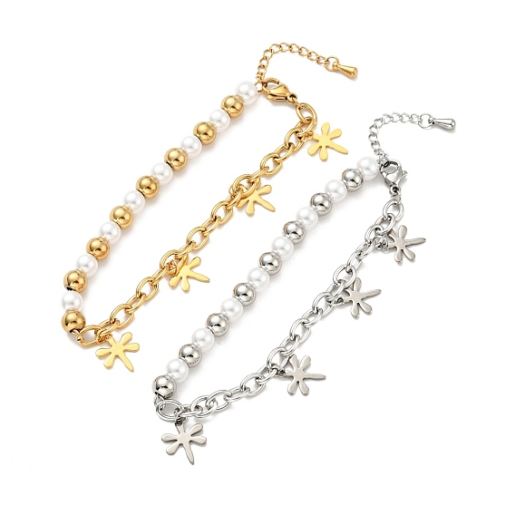 201 Stainless Steel Dragonfly Charm Bracelet, Plastic Pearl Beaded Bracelet with 304 Stainless Steel Cable Chains for Women