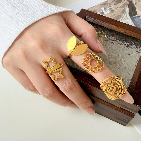 304 Stainless Steel Finger Rings for Women, Real 18K Gold Plated