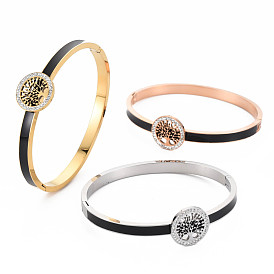 Crystal Rhinestone Flat Round with Tree of Life Bangle, Stainless Steel Hinged Bangle with Enamel for Women