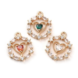 K9 Glass Pendants, with Golden Tone Brass Findings and Rhinestone, Flat Round with Heart Charms