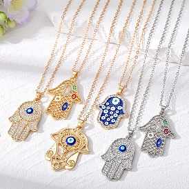 Evil Eye Necklace with Mesh Cutout and Fatima Hand Pendant - Multi-Eyed Protection Charm
