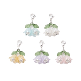 5Pcs 5 Colors Flower Acrylic & Shell Pearl Pendant Decoration, 304 Stainless Steel Lobster Claw Clasps Charm for Bag Ornaments