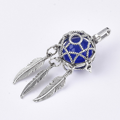 Alloy Cage Big Pendants, Hollow Round, with Synthetic Mixed Stone Round Beads, Antique Silver, Woven Net/Web with Feather