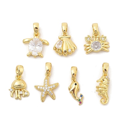 Подвески из листовой латуни с покрытием из прозрачного кубического циркония, без кадмия, без никеля и без свинца, реальный 18 k позолоченный, морские животные амулеты