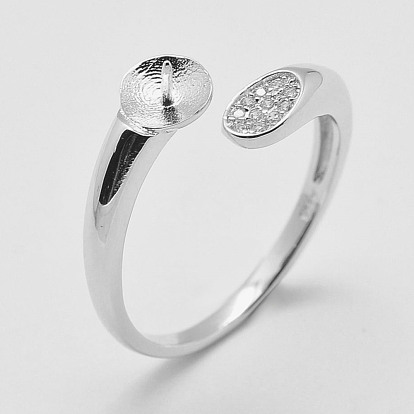 Adjustable 925 Sterling Silver Cuff Rings, Design Ring Mounts Fittings with Pearl Seat, For Half Drilled Beads, with Cubic Zirconia, Size 8