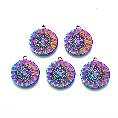 Rack Plating Rainbow Color Alloy Pendants, Cadmium Free & Nickel Free & Lead Free, Flat Round