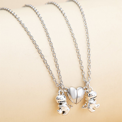Alloy Dinosaur Pendant Heart Magnetic Clasp Couple Necklace Set with Blessing Card