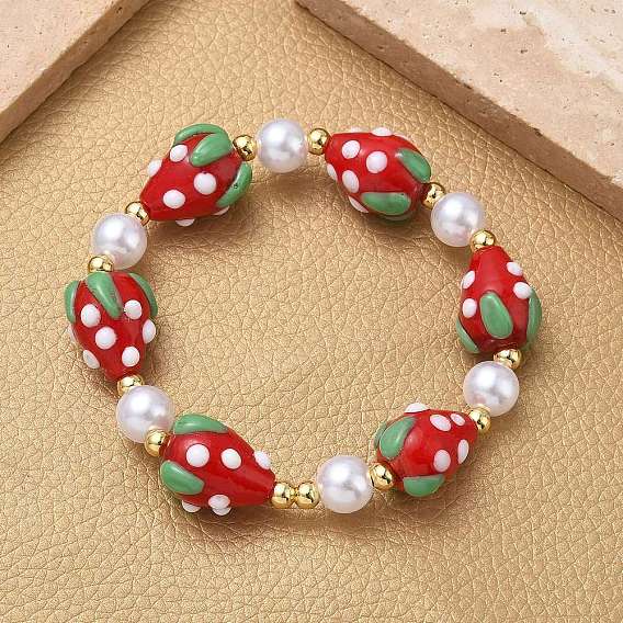 Женские браслеты из латуни, лэмпворка и искусственного жемчуга с эластичными бусинами, клубника, стойки покрытие, без свинца и без кадмия, долговечный, реальный 18 k позолоченный