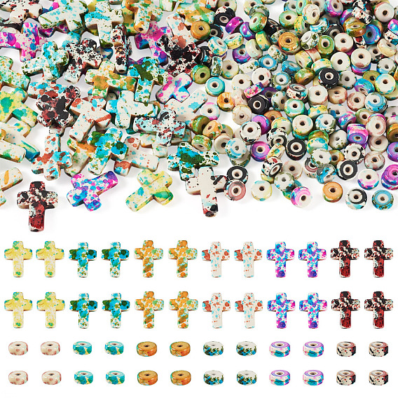 360Pcs 12 Styles Baking Paint Synthetic Turquoise Beads, with Enamel, Disc & Cross