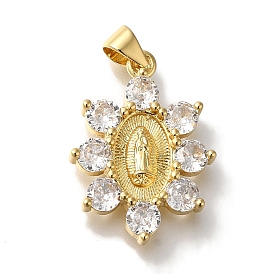 Rack Plating Brass Micro Pave Clear Cubic Zirconia Pendants, Lead Free & Cadmium Free, Long-Lasting Plated, Flower with Virgin Mary