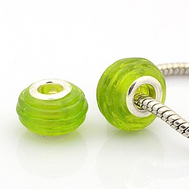 Ручной золотой песок эффект Lampwork европейская большая дыра Rondelle бусы, с серебряного цвета латуни двойные сердечники, 14.5x10 мм, отверстие : 5 мм