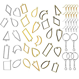 30Pcs Triangle & Heart & Rectangle & Moon Alloy Open Back Bezel Pendants, For DIY UV Resin, Epoxy Resin, Pressed Flower Jewelry, with 20Pcs Earring Hooks, 5Pcs Keychain Rings