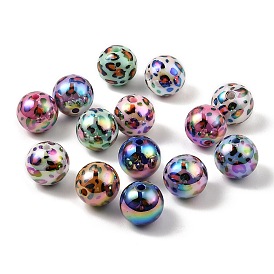 UV Plating Opaque Acrylic Beads, Iridescent, Round with Leopard Pattern