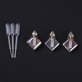 Angel Aura Quartz, Faceted Natural Quartz Crystal Pendants, Openable Perfume Bottle, with Golden Tone Brass Findings and Plastic Dropper, Square