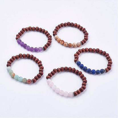 Frosted Mixed Gemstone Stretch Bracelets, with Wood  & 304 Stainless Steel Findings, Burlap Packing