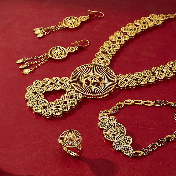 Наборы браслетов, сережек, ожерелий и колец из сплава с полыми круглыми элементами для женщин