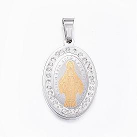 304 Stainless Steel Pendants, Flat Oval, with Polymer Clay Rhinestones