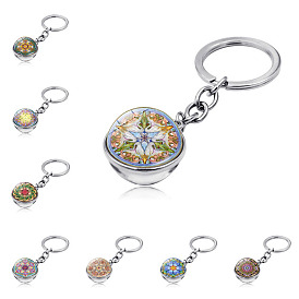 Yoga Mandala Pattern Double-Sided Glass Half Round/Dome Pendant Keychain, with Alloy Findings, for Car Bag Pendant Accessories