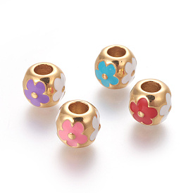 304 acier inoxydable perles européennes, placage ionique (ip), avec l'émail, Perles avec un grand trou   , ronde avec des fleurs, or