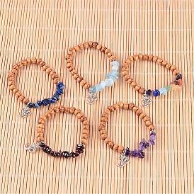 Puce naturelle bracelets de pierres précieuses perles, avec des billes de bois rond et alliage de style tibétain pendentifs ohm