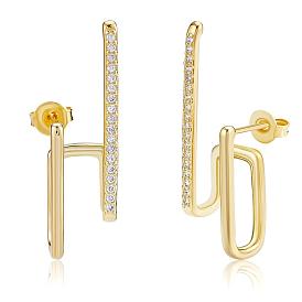 Copper+zircon Stud earrings for women, geometric irregular earrings with clear diamond inlay, single row wavy lines, personalized ear jewelry