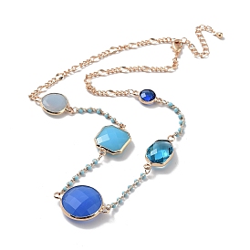 Collier pendentif rond plat en verre bleu avec chaînes en laiton