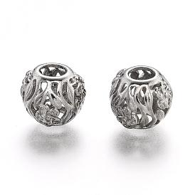 304 Stainless Steel European Beads, Large Hole Beads, Hollow, Rondelle with Flower