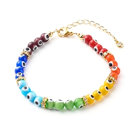 Handmade Evil Eye Lampwork Beaded Bracelets, with Brass Rhinestone Spacer Beads and Curb Chains