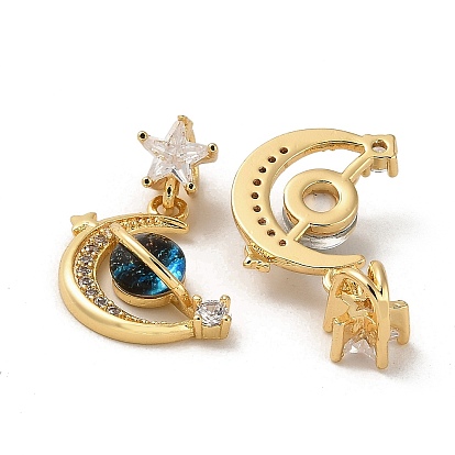 Moon & Star Rack Plating Brass Micro Pave Cubic Zirconia Pendants, Glass Planet Charms, Long-Lasting Plated