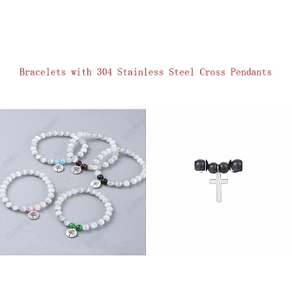 Cat Eye Bead Stretch Bracelets, with 316 Surgical Stainless Steel and 304 Stainless Steel Cross Pendants