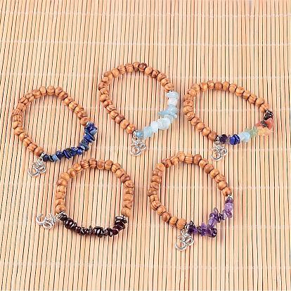 Natural Chip Gemstone Beaded Charm Bracelets, with Round Wood Beads and Tibetan Style Alloy Ohm Pendants