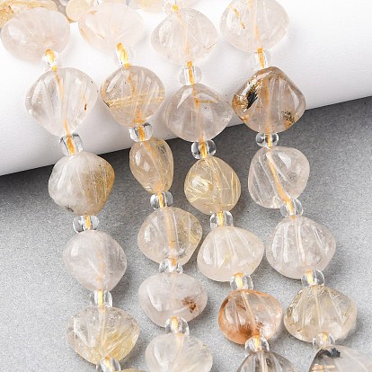 Нити резных бусин из натурального золота с рутиловым кварцем, формы раковины, с бисером