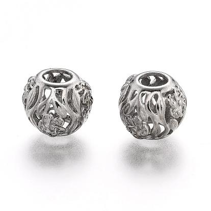 304 Stainless Steel European Beads, Large Hole Beads, Hollow, Rondelle with Flower