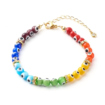 Handmade Evil Eye Lampwork Beaded Bracelets, with Brass Rhinestone Spacer Beads and Curb Chains